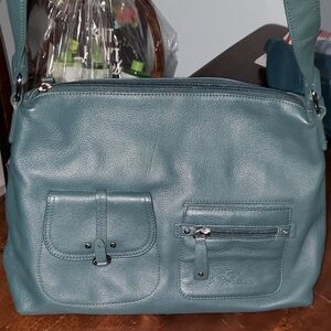 Stone Mountain Teal Green Leather Shoulder Bag with Lots of little pockets.